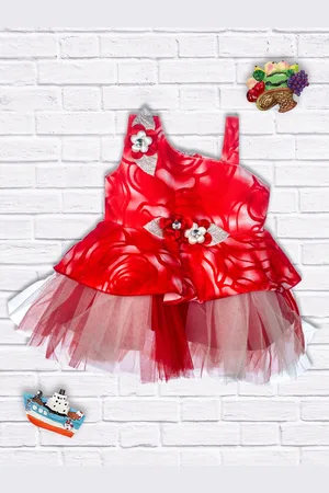 MeeMee Girls Red Printed Frilly Fit and Flare Party Dress
