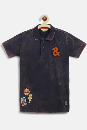 TALES & STORIES Boys Navy Blue Polo Collar Applique T-shirt