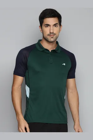 Alcis Men Green & Navy Blue Colourblocked Polo Collar Slim Fit Running T-shirt