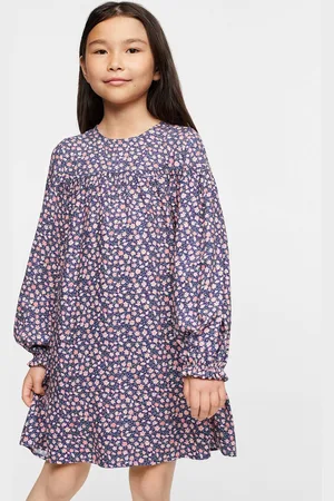 MANGO Girls Navy Blue & Pink Floral Print A-Line Dress