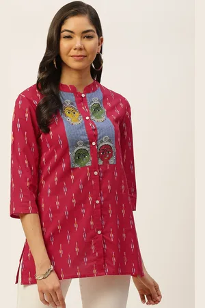 FABRIC FITOOR Women Red & Blue Regular Fit Printed Pure Cotton Casual Shirt