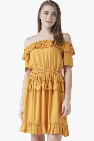DODO & MOA Women Mustard Yellow Solid Off-Shoulder Dress