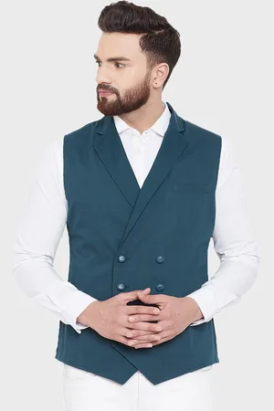 Hypernation Men Teal Blue Solid Pure Cotton Waistcoat