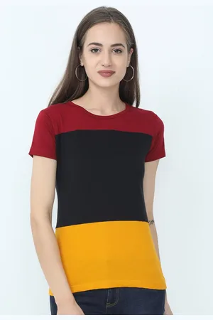 Fleximaa Women Black & Yellow Colourblocked Cotton T-shirt