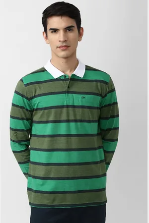 Peter England Men Green & Olive Green Striped Polo Collar T-shirt