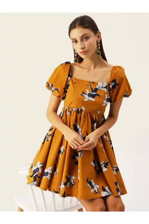 DressBerry Women Orange Floral Printed Puff Sleeve Short Dress