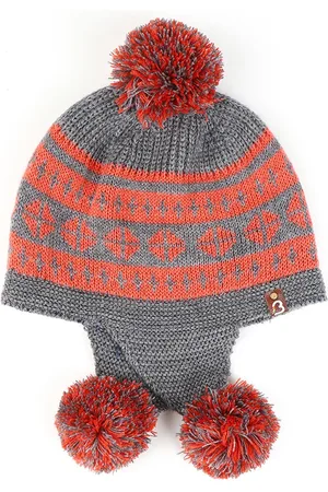 Bharatasya Unisex Kids Grey & Orange Printed Acrylic Beanie Cap