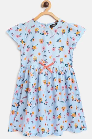 HERE&NOW Girls Blue & Pink Floral Print Cotton Fit & Flare Dress with Bow Detail