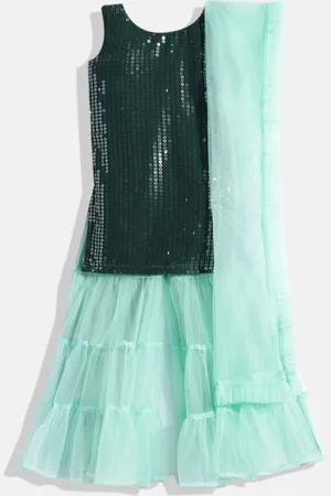 Ethnovog Girls Green Made To Measure Sequined Kurta with Palazzos With Dupatta