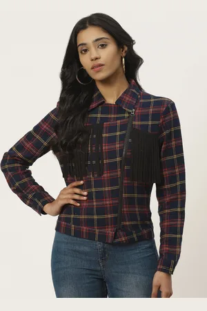 DODO & MOA Women Navy Blue Checked Asymmetric Closure Pure Cotton Tailored Jacket