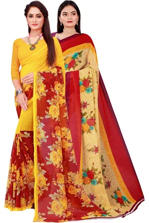 Kalini Pack Of 2 Women Beige & Yellow Printed Pure Georgette Saree With Unstitched Blouse