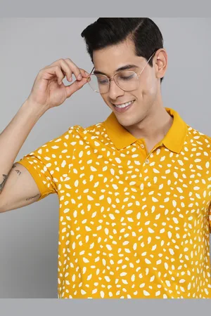 Mast & Harbour Men Mustard Yellow & White Floral Printed Polo Collar Pure Cotton T-shirt