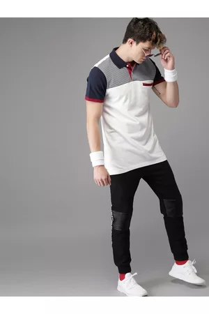 Moda Rapido Men White & Navy Blue Striped Polo Collar T-shirt