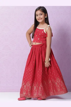 Biba Girls Red & Gold Ethnic Motifs Printed Ready to Wear Cotton Lehenga & Choli