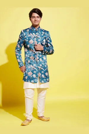 Vastramay Boys Turquoise Blue Printed Slim-Fit Sherwani Set