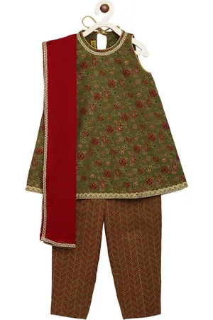 Tiber Taber Girls Green & Red Embroidered Kurti with Trousers & Dupatta