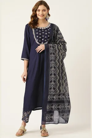 MissKurti Women Navy Blue Ethnic Motifs Yoke Design Thread Work Kurta with Trousers & With Dupatta