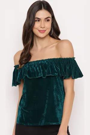 Mayra Green Off-shoulder Cold-shoulder Sleeves Velvet Bardot Top