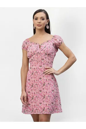 Aayu Women Pink & White Floral Printed Tie-Up Neck Crepe Dress