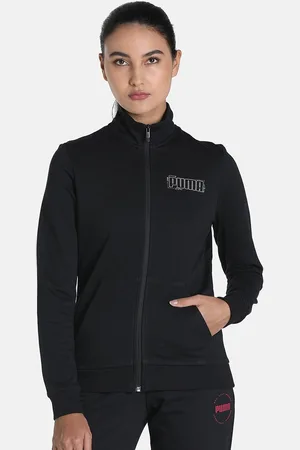 PUMA Women Black Cotton Graphic Typography Regular Fit Outdoor Sporty Jacket