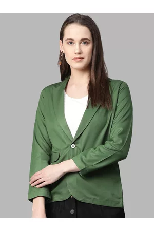 Jompers Women Green Solid Single Breasted Blazers