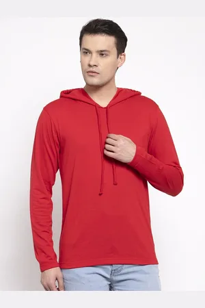 Friskers Men Red Solid Cotton Long Sleeves Hooded T-shirt