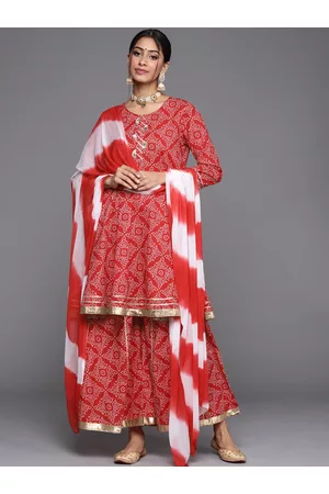 Varanga Women Red & White Bandhani Printed Anarkali Kurta with Sharara & With Dupatta