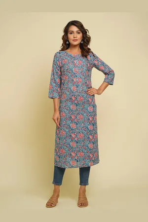 CRAFTED FOR YOU Women Blue & Pink Floral Printed Pure Cotton Kurta