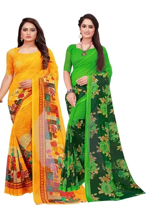 Kalini Green & Yellow Floral Pure Georgette Saree Pack of 2