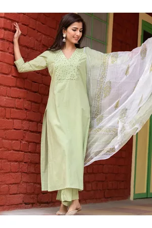 Ambraee Women Lime Green Yoke Design Sequinned Kurta with Trousers With Dupatta
