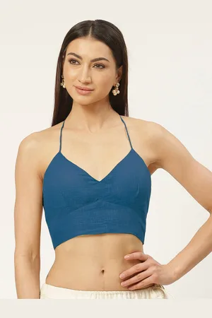 Molcha Women Teal Solid Pure Cotton Saree Blouse