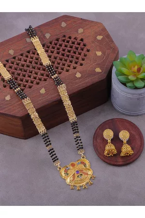 Brandsoon Gold-Plated Black Beaded Mangalsutra With Earrings