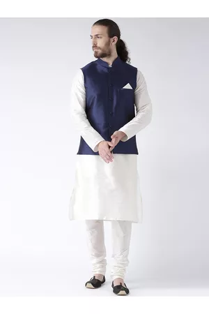 DEYANN Men Navy & Off-White Solid Kurta with Pyjamas & Nehru Jacket