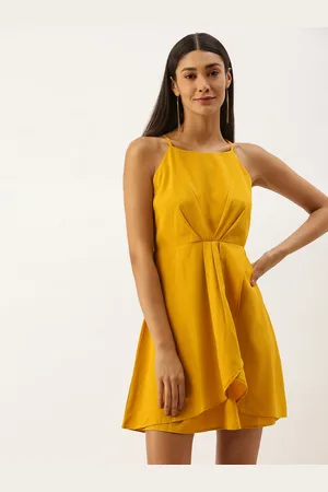 Berrylush Women Mustard Yellow Solid Pleated Ruffled A-Line Dress