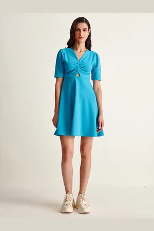 COVER STORY Women Blue Solid V-Neck A-Line Dress