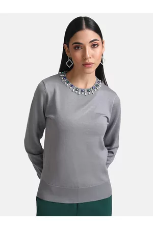 Kazo Women Grey Solid Pullover with Embellished Detail