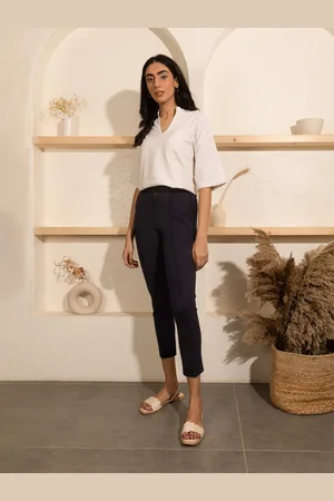 Elleven Women Navy Blue Solid Pleated Cigarette Trousers