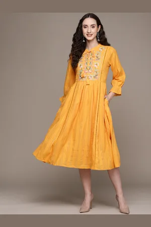 Ishin Women Mustard Yellow & Pink Cotton Floral Embroidered A-Line Midi Dress