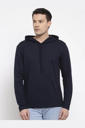 Friskers Men Navy Blue Solid Cotton Long Sleeves Hooded T-shirt