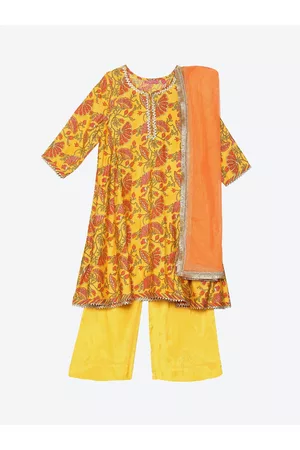 Biba Girls Yellow Floral Printed Pleated Kurti with Sharara & With Dupatta