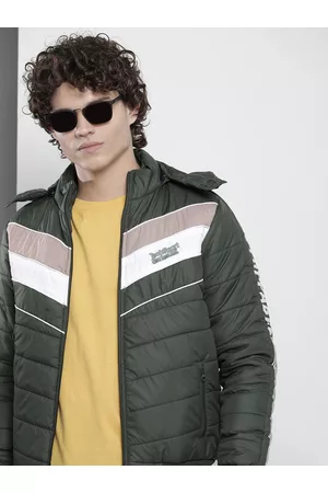 The Indian Garage Co Men Olive Green & White Striped Padded Jacket