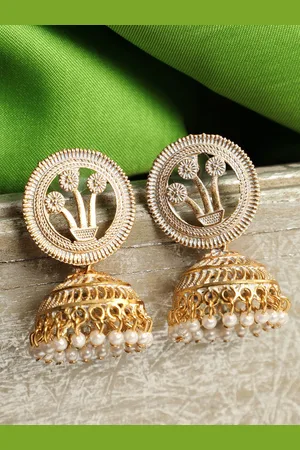 ANIKAS CREATION Gold & White Dome Shaped Jhumkas