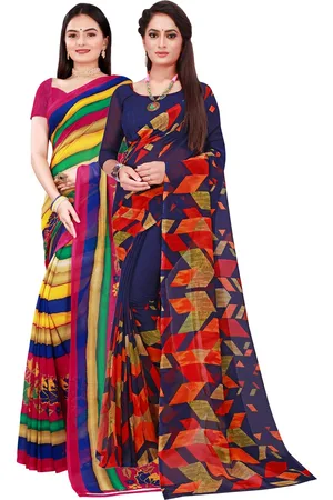 Kalini Navy Blue & Yellow Printed Pure Georgette Saree Pack Of 2