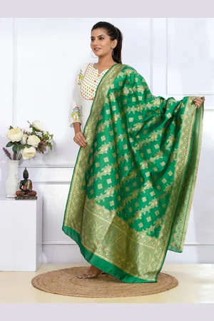 Kesarya Green & Gold-Toned Ethnic Motifs Woven Design Pure Silk Dupatta