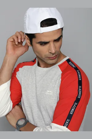 Slazenger Men Grey Melange & Red Colourblocked T-shirt