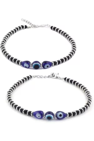EL REGALO Set Of 2 Silver-Toned & Black Beaded Evil Eye-Nazaria Anklet
