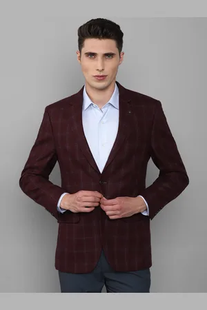 Louis Philippe Men Maroon Checked Regular-Fit Single-Breasted Pure Woolen Blazer
