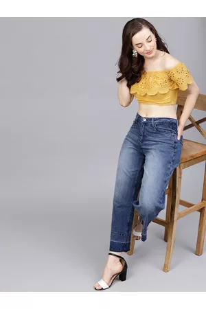 STREET 9 Women Mustard Yellow Schiffli Embroidered Crop Bardot Top