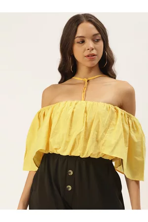 Zastraa Women Yellow Tie-Up Neck Layered Blouson Crop Top