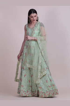 Atsevam Sage Green Embroidered Semi-Stitched Lehenga & Unstitched Blouse With Dupatta